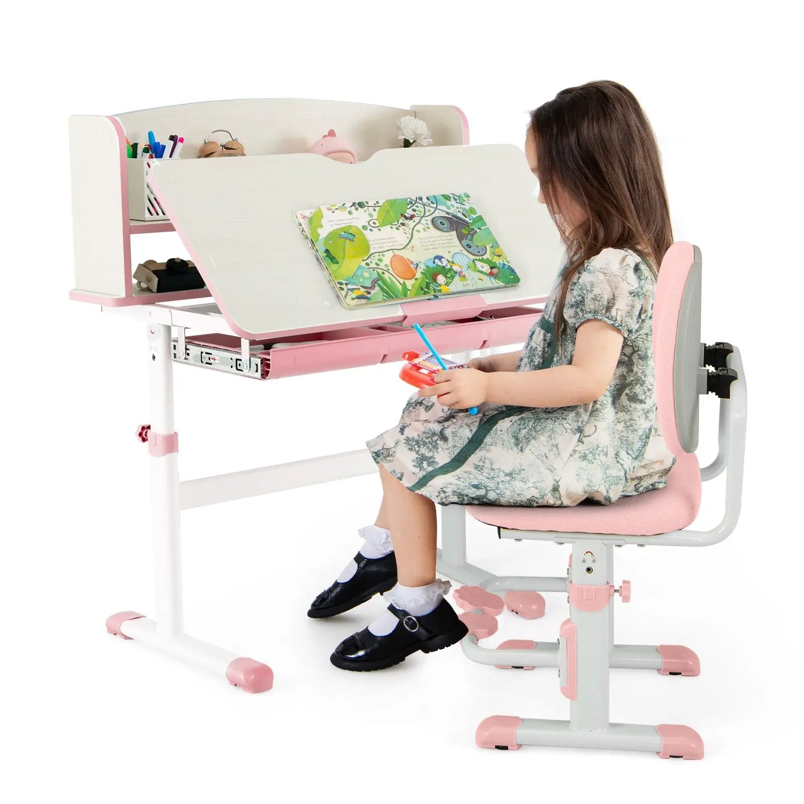 Kids Desk and Chair Set with Adjustable Height and Tilted Desktop by DirectDeals
