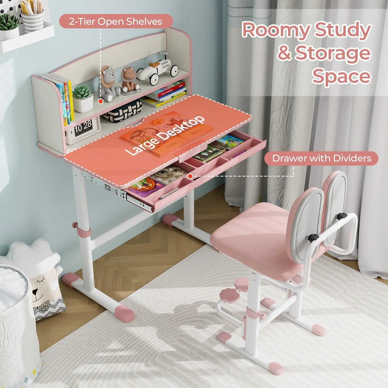 Kids Desk and Chair Set with Adjustable Height and Tilted Desktop by DirectDeals