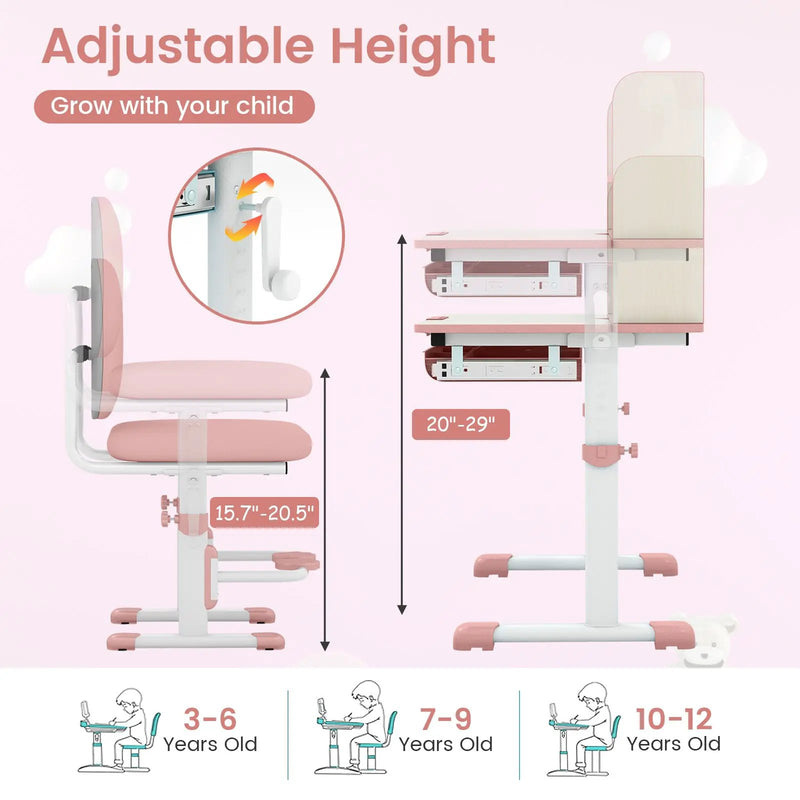 Kids Desk and Chair Set with Adjustable Height and Tilted Desktop by DirectDeals
