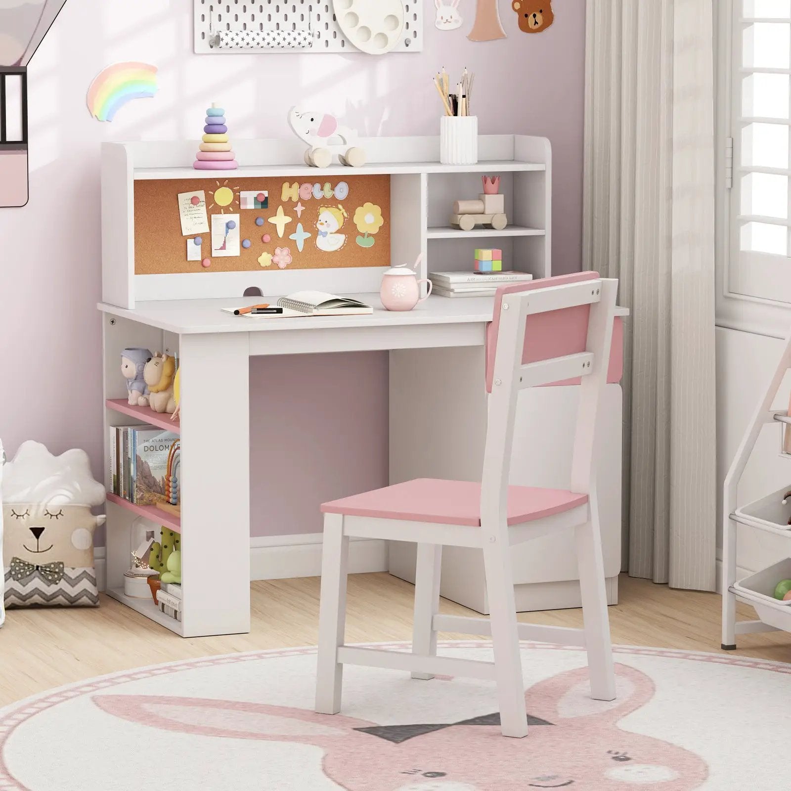 Kids Desk and Chair Set with Hutch and 3-Layer Side Shelf by DirectDeals