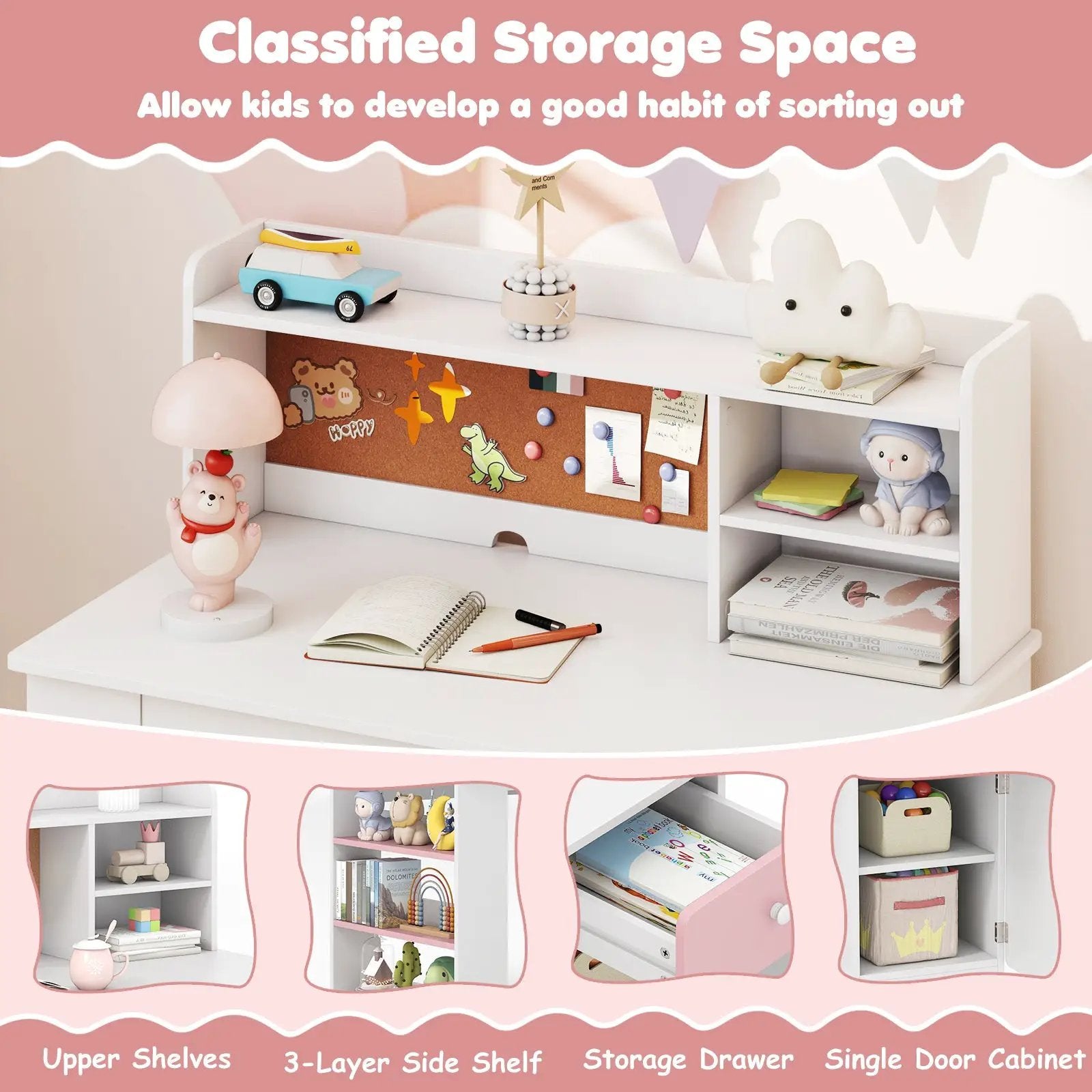 Kids Desk and Chair Set with Hutch and 3-Layer Side Shelf by DirectDeals