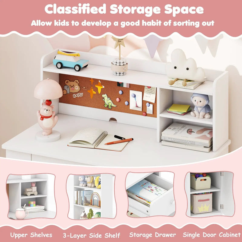 Kids Desk and Chair Set with Hutch and 3-Layer Side Shelf by DirectDeals
