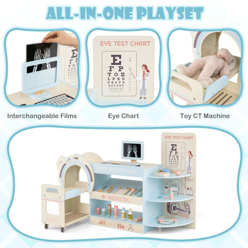 Kids Doctor Play Set Wooden Pretend Hospital Office Kit with Eye Chart Toy CT Machine by DirectDeals