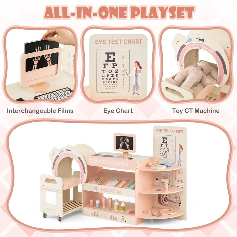 Kids Doctor Play Set Wooden Pretend Hospital Office Kit with Eye Chart Toy CT Machine by DirectDeals