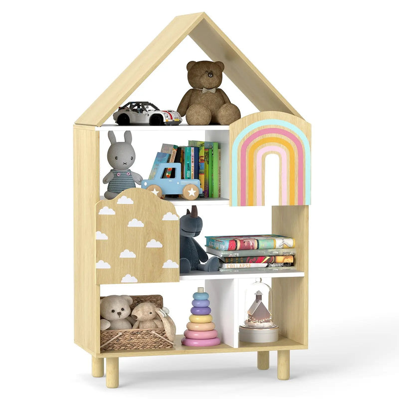 Kids Dollhouse Bookshelf House-shaped Bookcase Children Toy Storage Organizer-Natural by DirectDeals