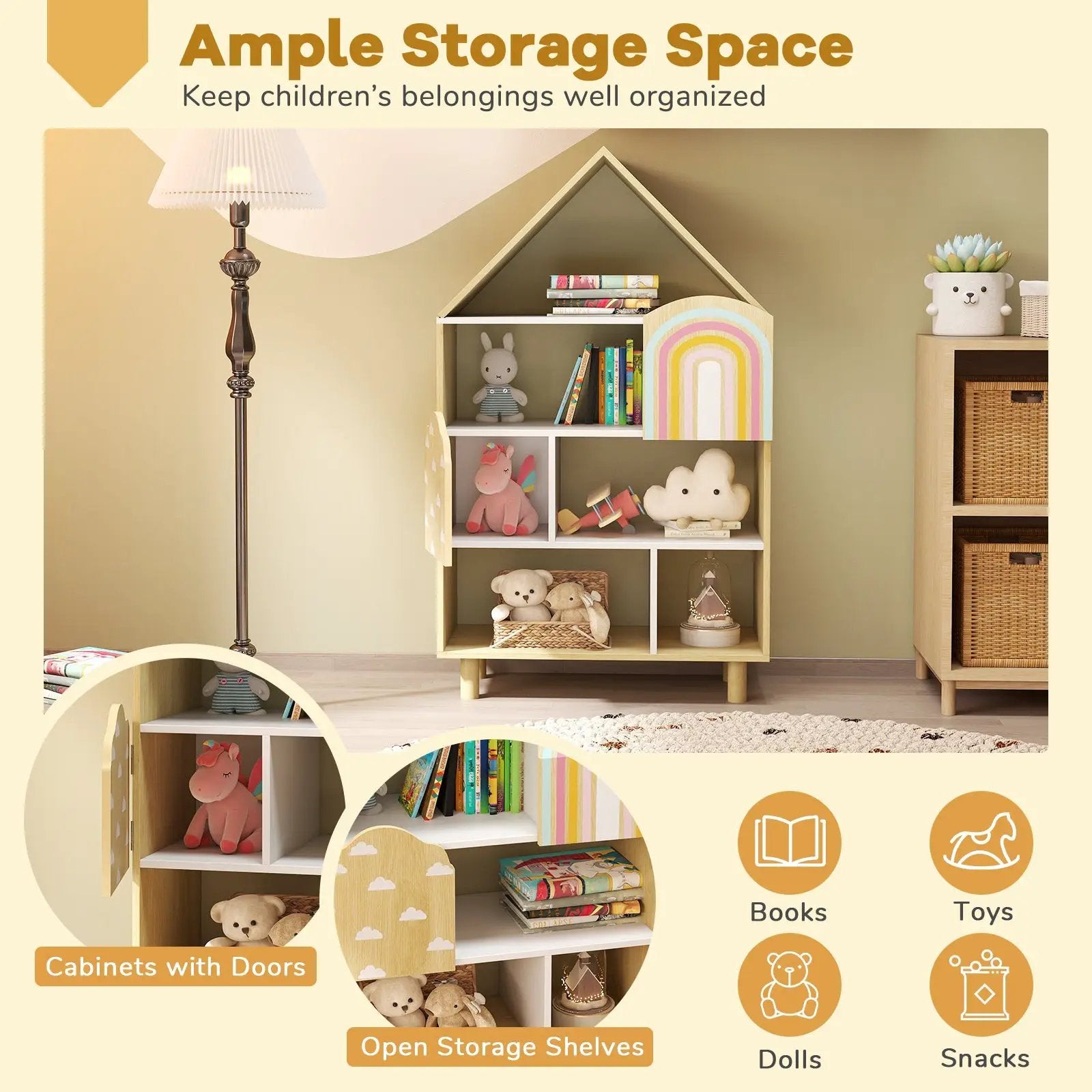 Kids Dollhouse Bookshelf House-shaped Bookcase Children Toy Storage Organizer-Natural by DirectDeals
