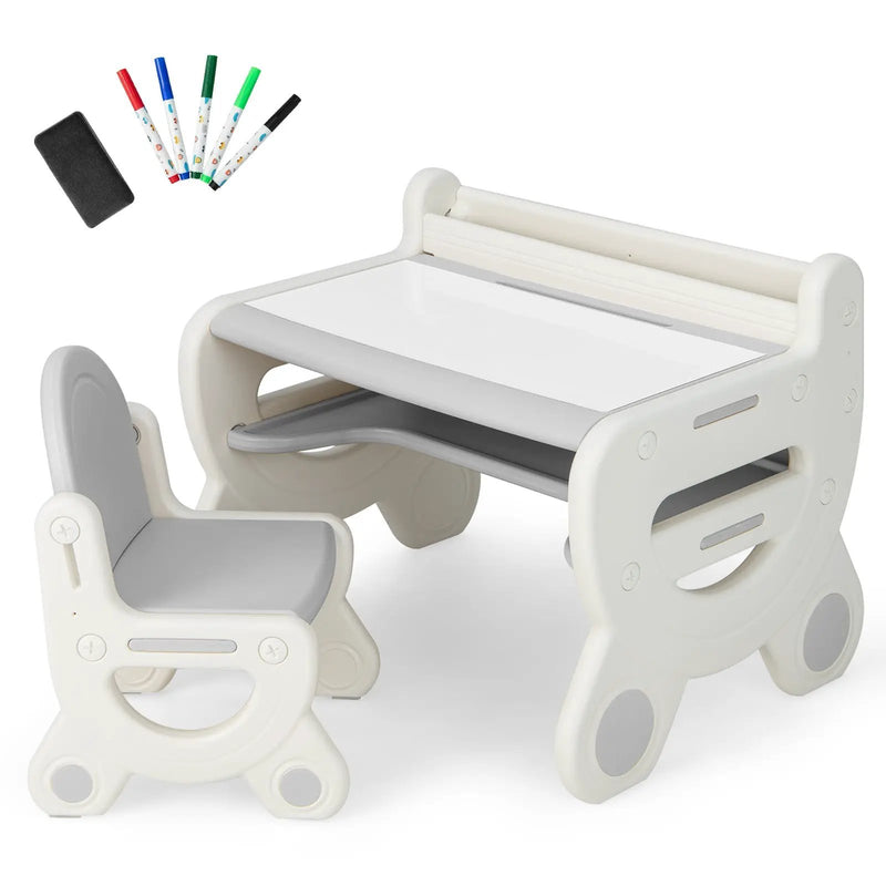 Kids Drawing Table and Chair Set with Watercolor Pens and Blackboard Eraser by DirectDeals