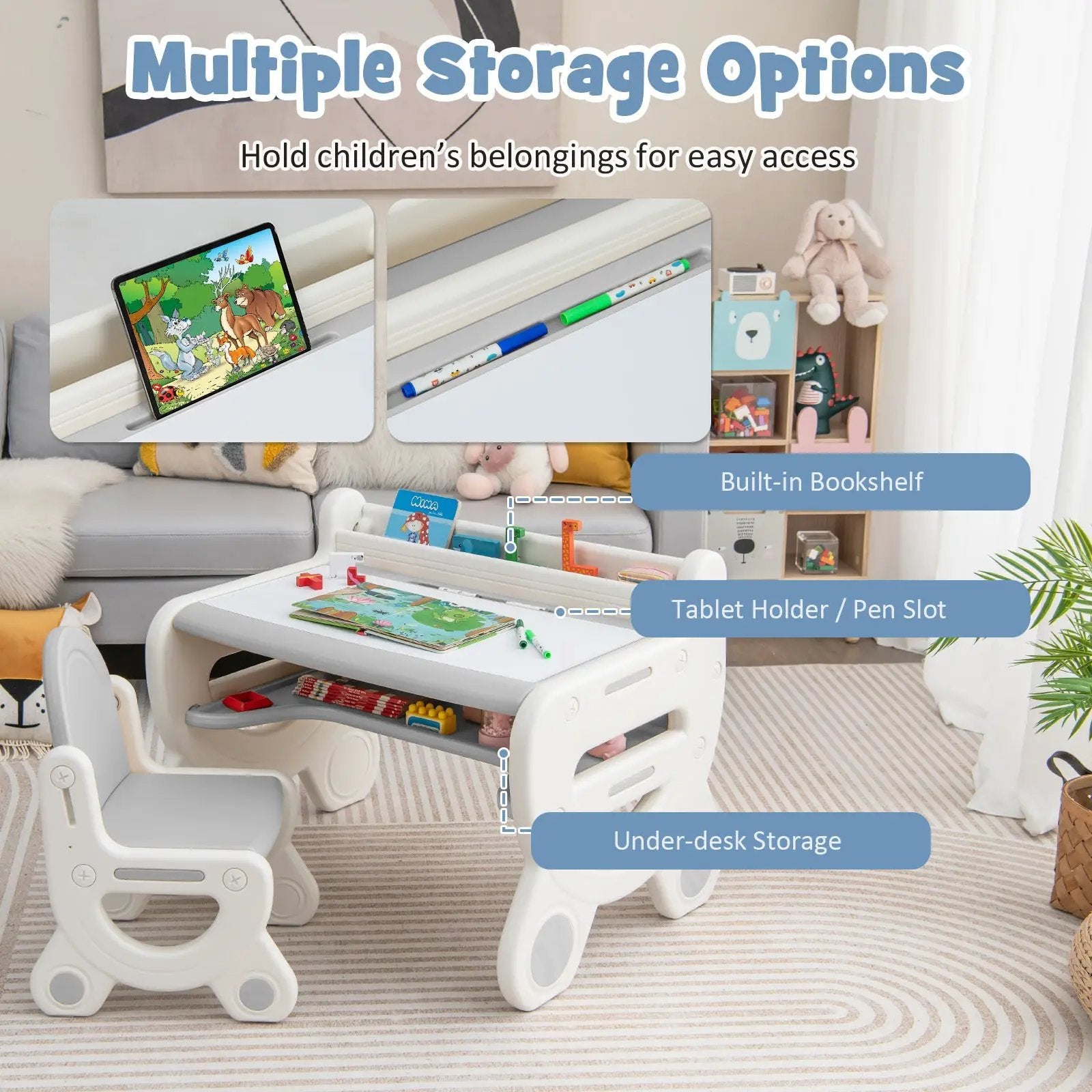 Kids Drawing Table and Chair Set with Watercolor Pens and Blackboard Eraser by DirectDeals