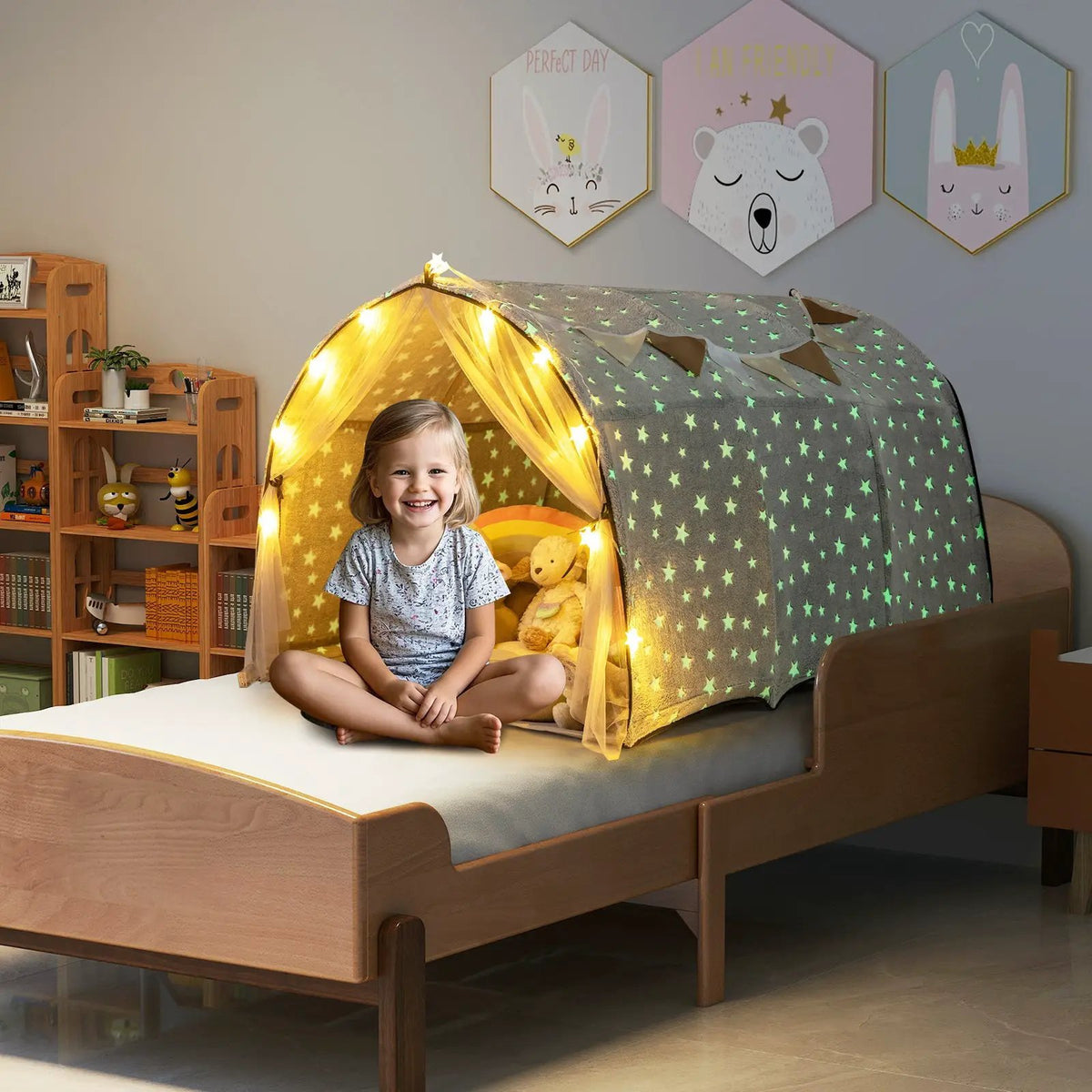 Kids Dream Bed Tent Twin Bunk Bed with Glow in the Dark Stars and Lights-Gray, photo 2 of 10