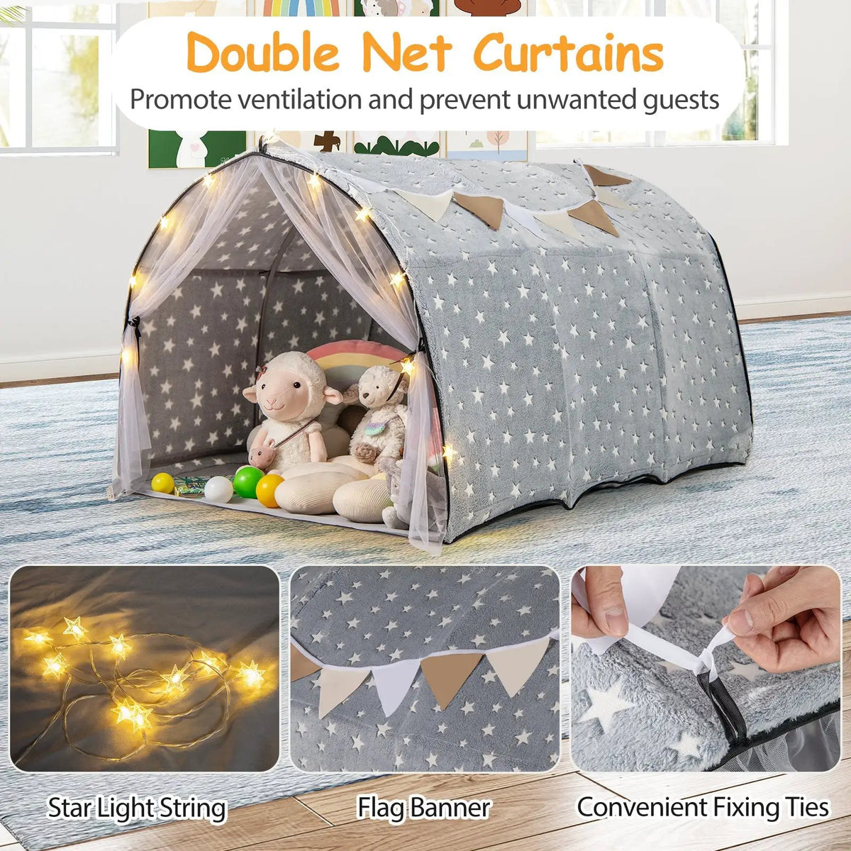 Kids Dream Bed Tent Twin Bunk Bed with Glow in the Dark Stars and Lights-Gray, photo 7 of 10