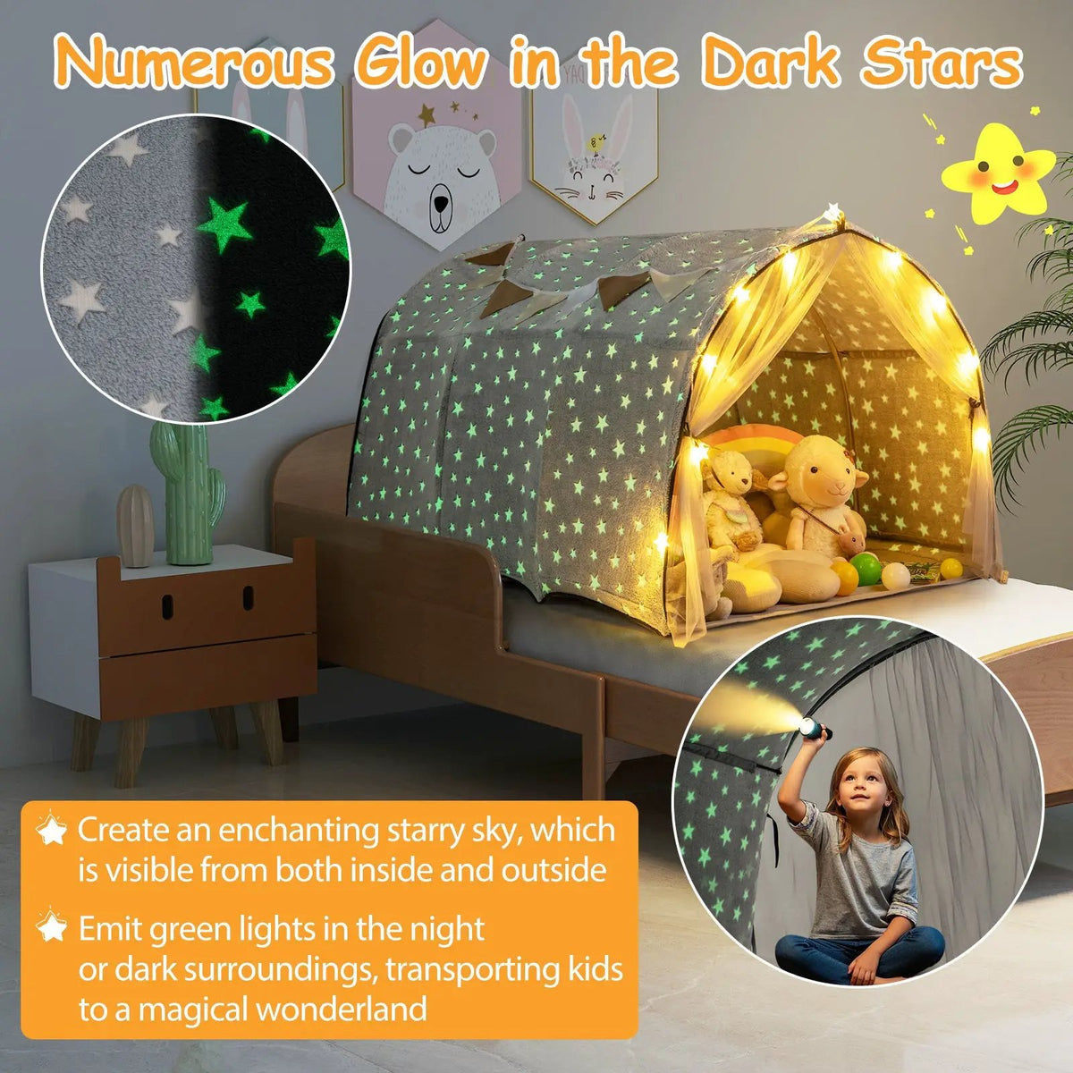 Kids Dream Bed Tent Twin Bunk Bed with Glow in the Dark Stars and Lights-Gray, photo 8 of 10