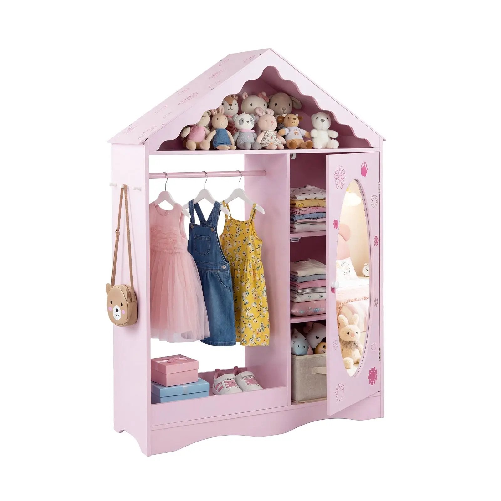 Kids Dress Up Storage with Mirror Roofed Wardrobe Closet with Open Hanging Rack by DirectDeals