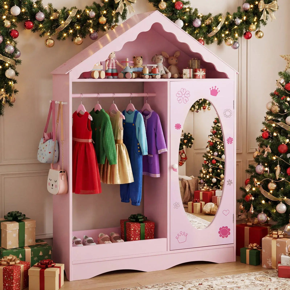 Kids Dress Up Storage with Mirror Roofed Wardrobe Closet with Open Hanging Rack, photo 10 of 16