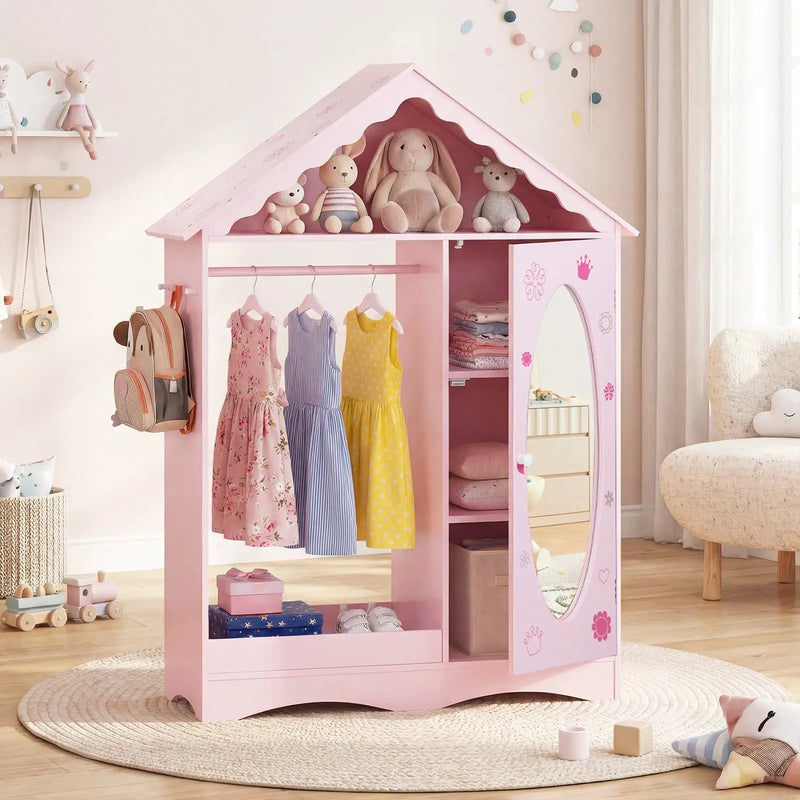 Kids Dress Up Storage with Mirror Roofed Wardrobe Closet with Open Hanging Rack by DirectDeals