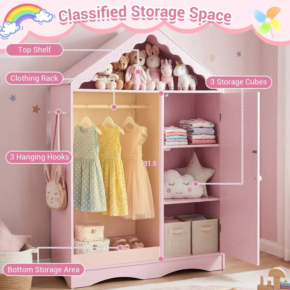 Kids Dress Up Storage with Mirror Roofed Wardrobe Closet with Open Hanging Rack, photo 14 of 16