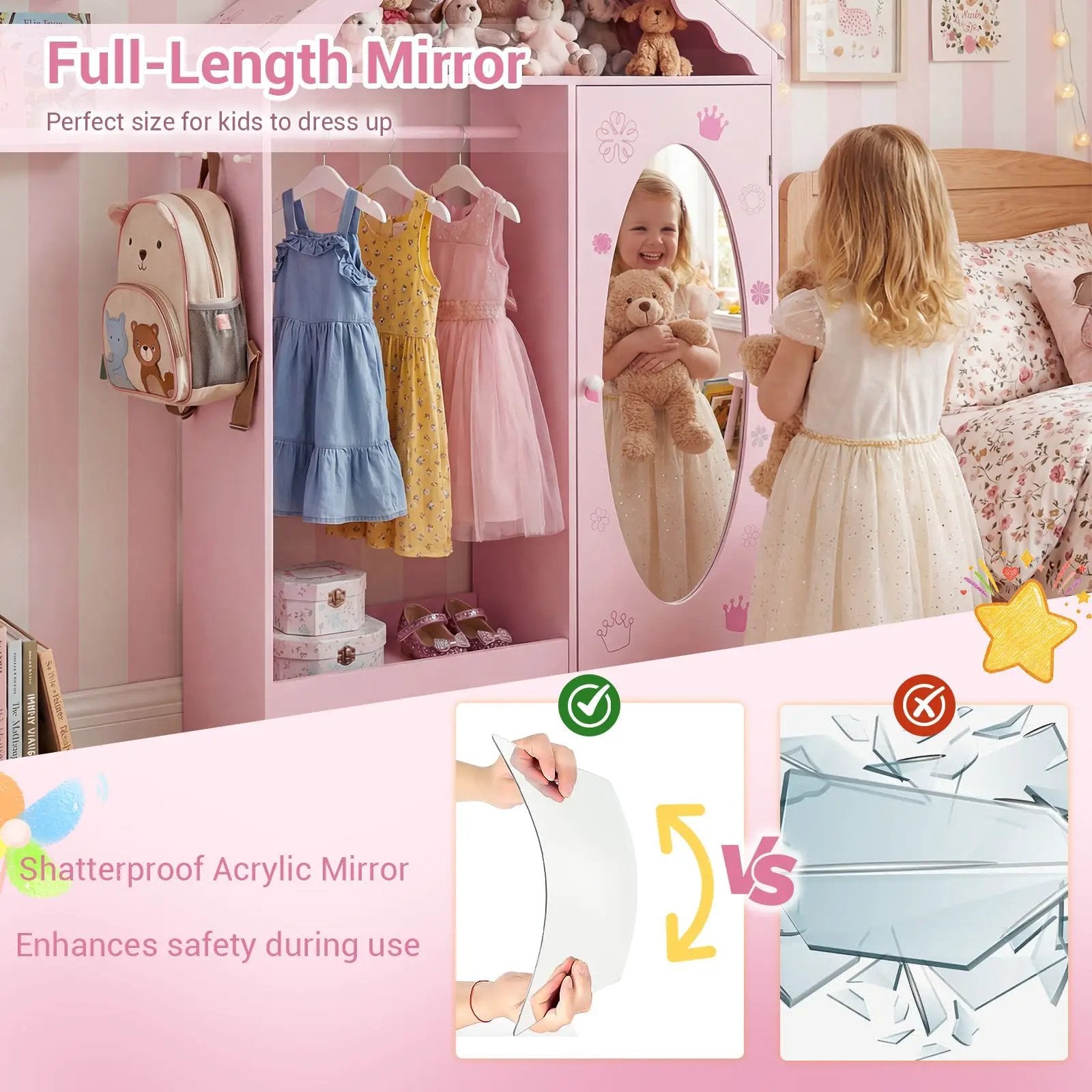 Kids Dress Up Storage with Mirror Roofed Wardrobe Closet with Open Hanging Rack by DirectDeals