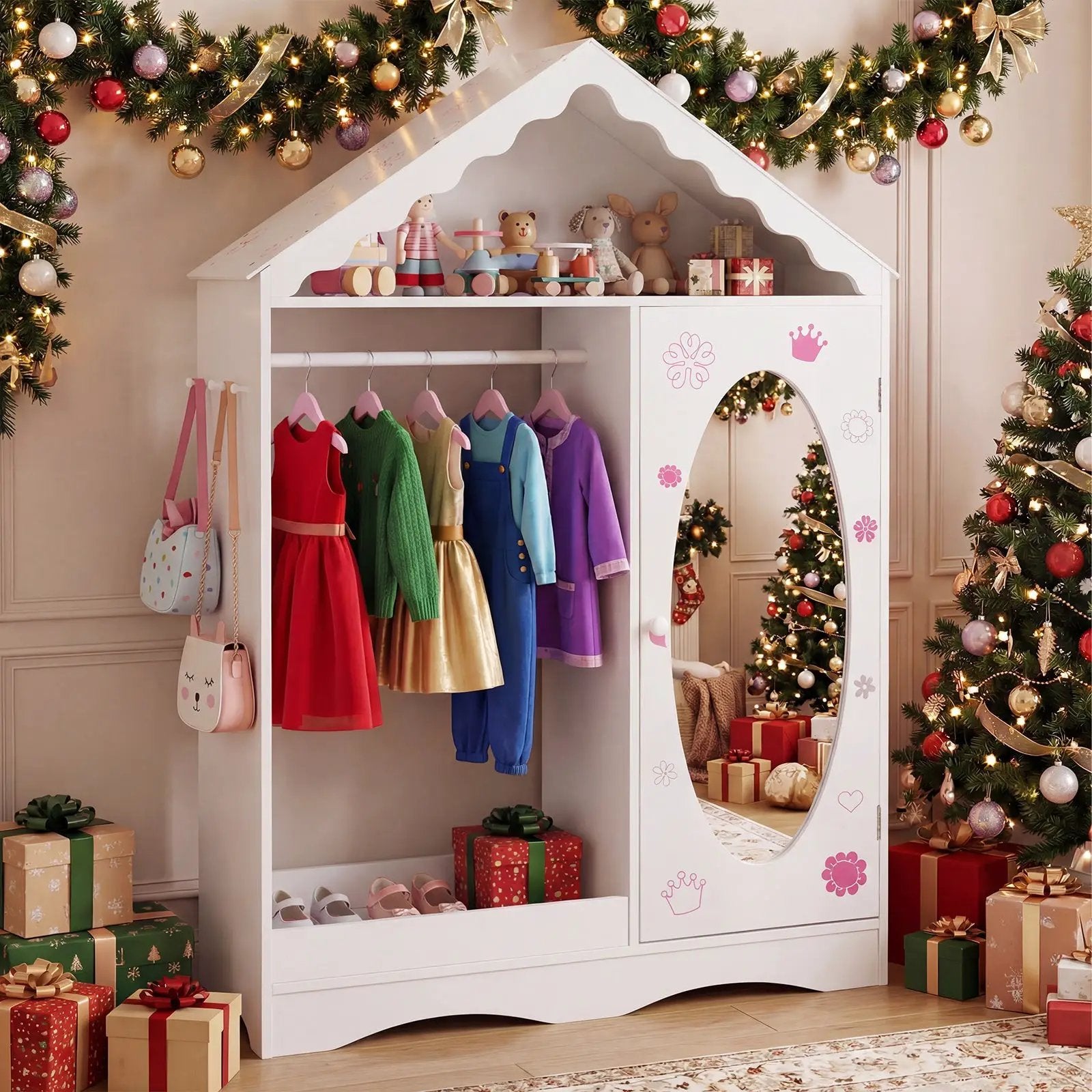 Kids Dress Up Storage with Mirror Roofed Wardrobe Closet with Open Hanging Rack by DirectDeals