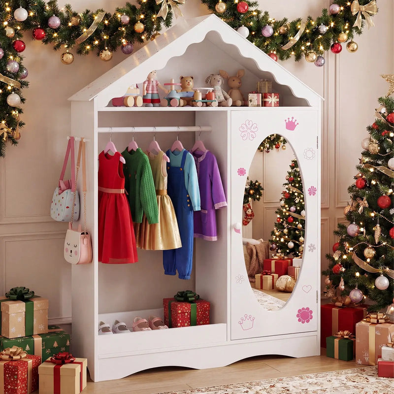 Kids Dress Up Storage with Mirror Roofed Wardrobe Closet with Open Hanging Rack by DirectDeals
