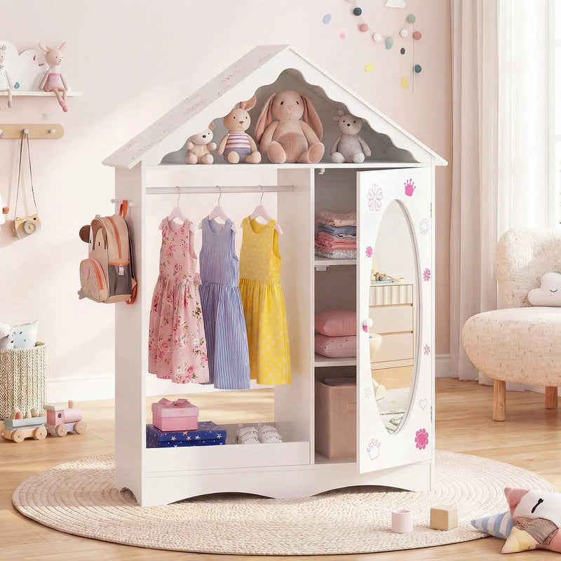 Kids Dress Up Storage with Mirror Roofed Wardrobe Closet with Open Hanging Rack by DirectDeals