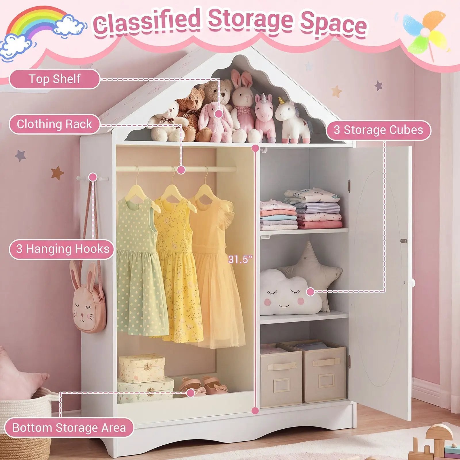 Kids Dress Up Storage with Mirror Roofed Wardrobe Closet with Open Hanging Rack by DirectDeals