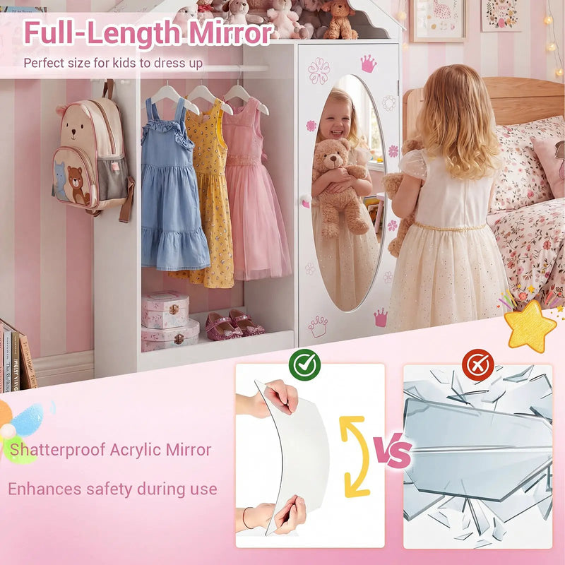 Kids Dress Up Storage with Mirror Roofed Wardrobe Closet with Open Hanging Rack by DirectDeals