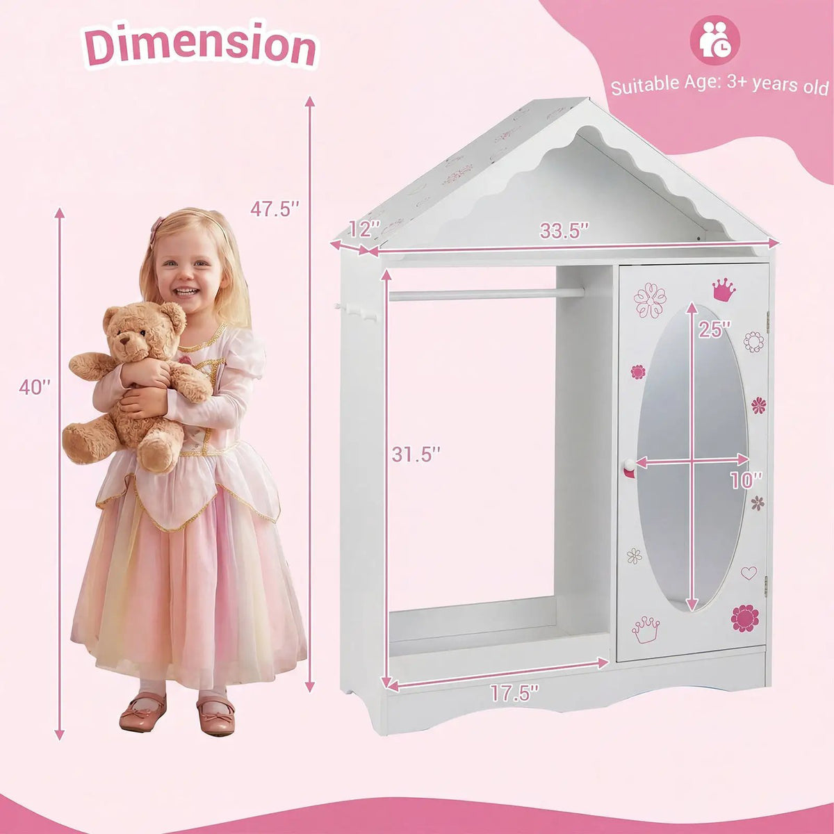 Kids Dress Up Storage with Mirror Roofed Wardrobe Closet with Open Hanging Rack, photo 7 of 16