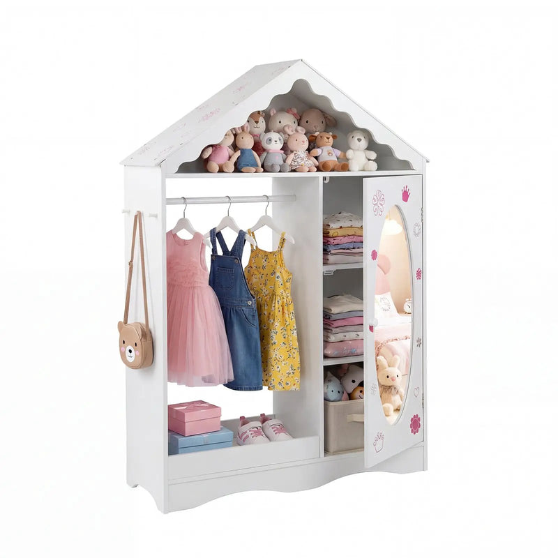 Kids Dress Up Storage with Mirror Roofed Wardrobe Closet with Open Hanging Rack by DirectDeals