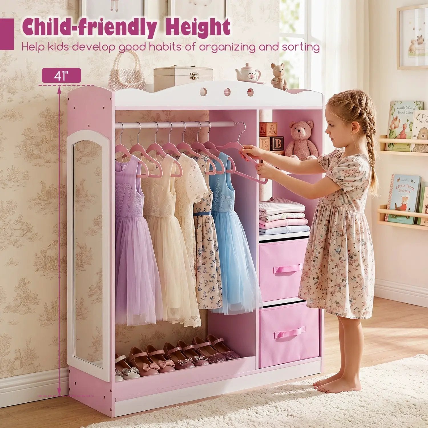 Kids Dress Up Storage with Full Length Mirror - Pink by DirectDeals