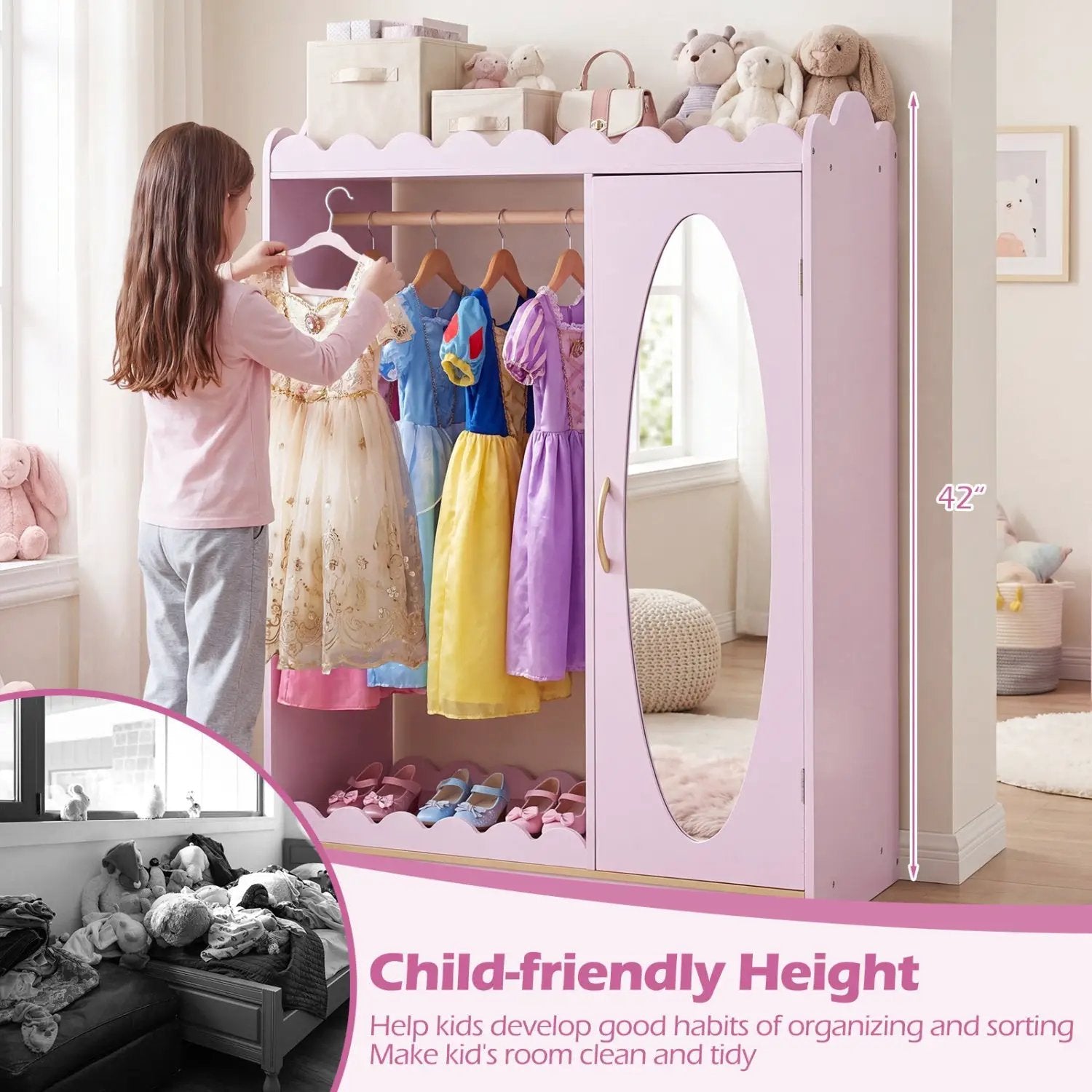 Kids Dress Up Storage Cabinet with Full Length Mirror - Pink by DirectDeals