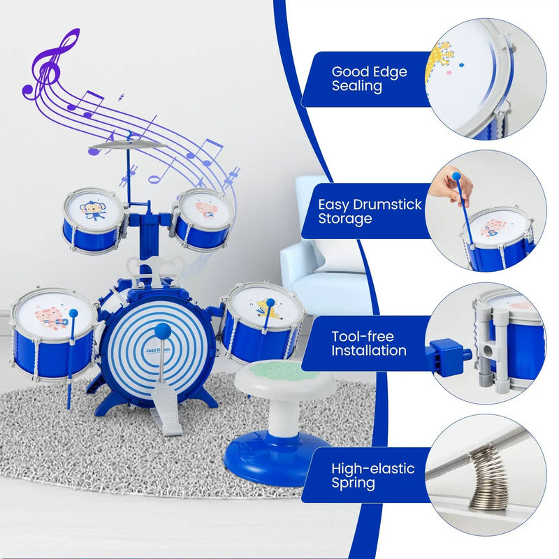 Kids Drum Set Educational Percussion Musical Instrument Toy with Bass Drum-Blue by DirectDeals
