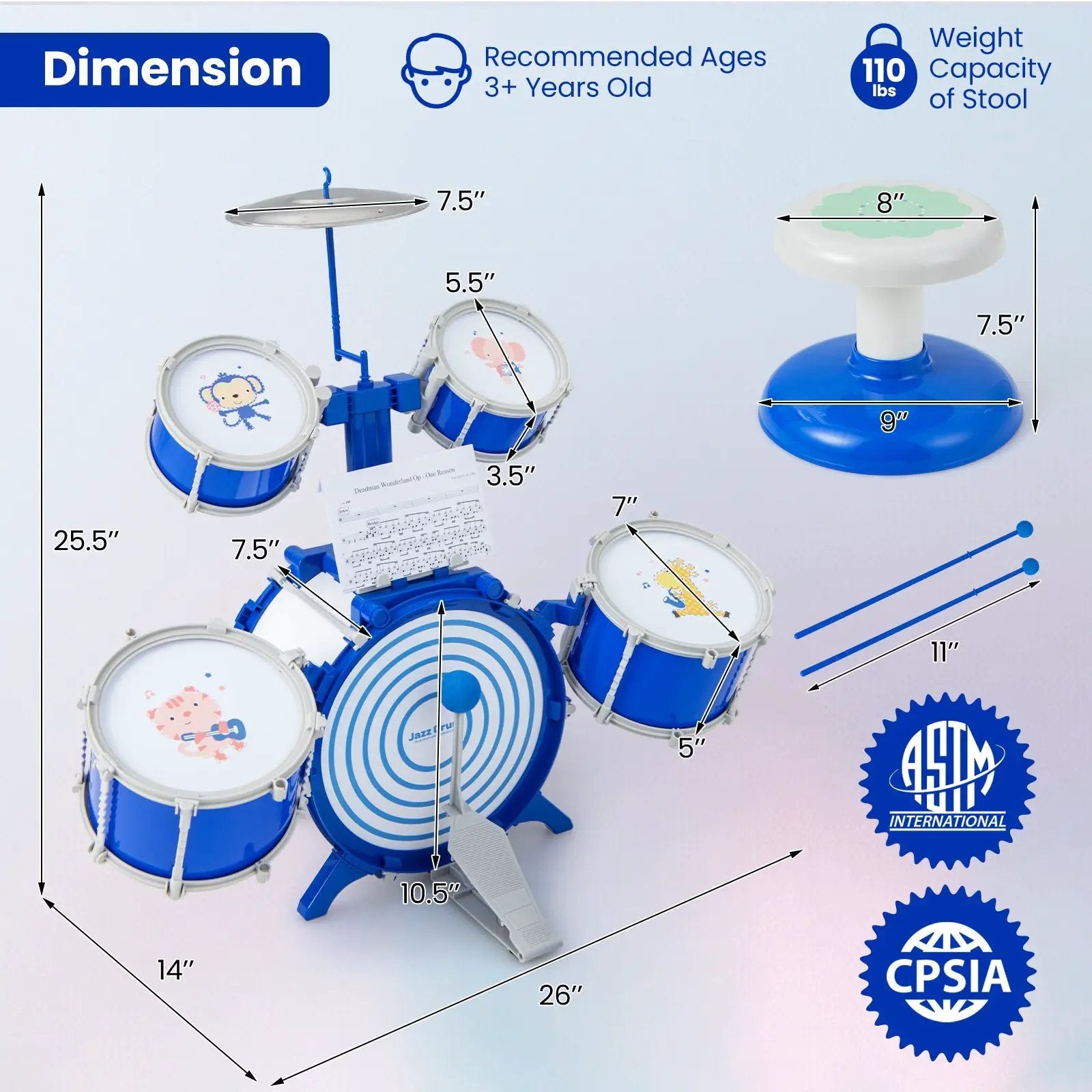 Kids Drum Set Educational Percussion Musical Instrument Toy with Bass Drum-Blue by DirectDeals