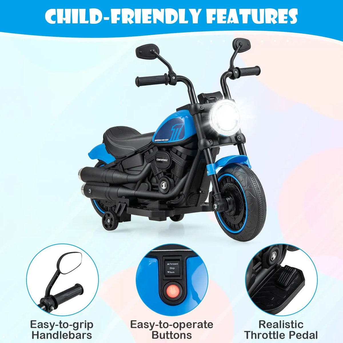 Kids Electric Motorcycle with Training Wheels and LED Headlights, photo 6 of 10