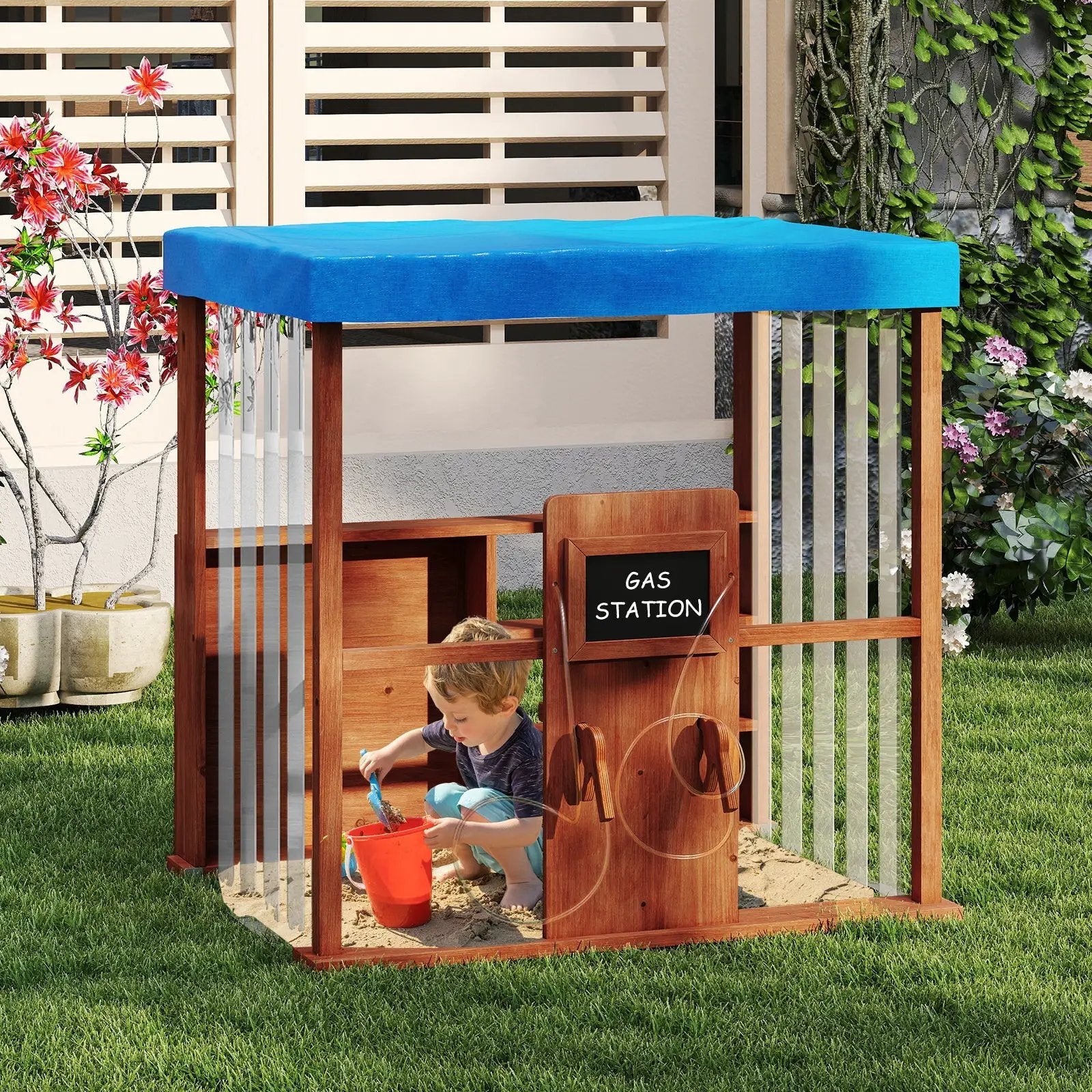 Kids Gas Station Playhouse with Gas Refueling Guns for Aged 3+-Brown by DirectDeals