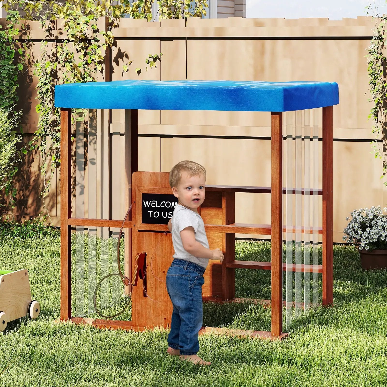 Kids Gas Station Playhouse with Gas Refueling Guns for Aged 3+-Brown by DirectDeals