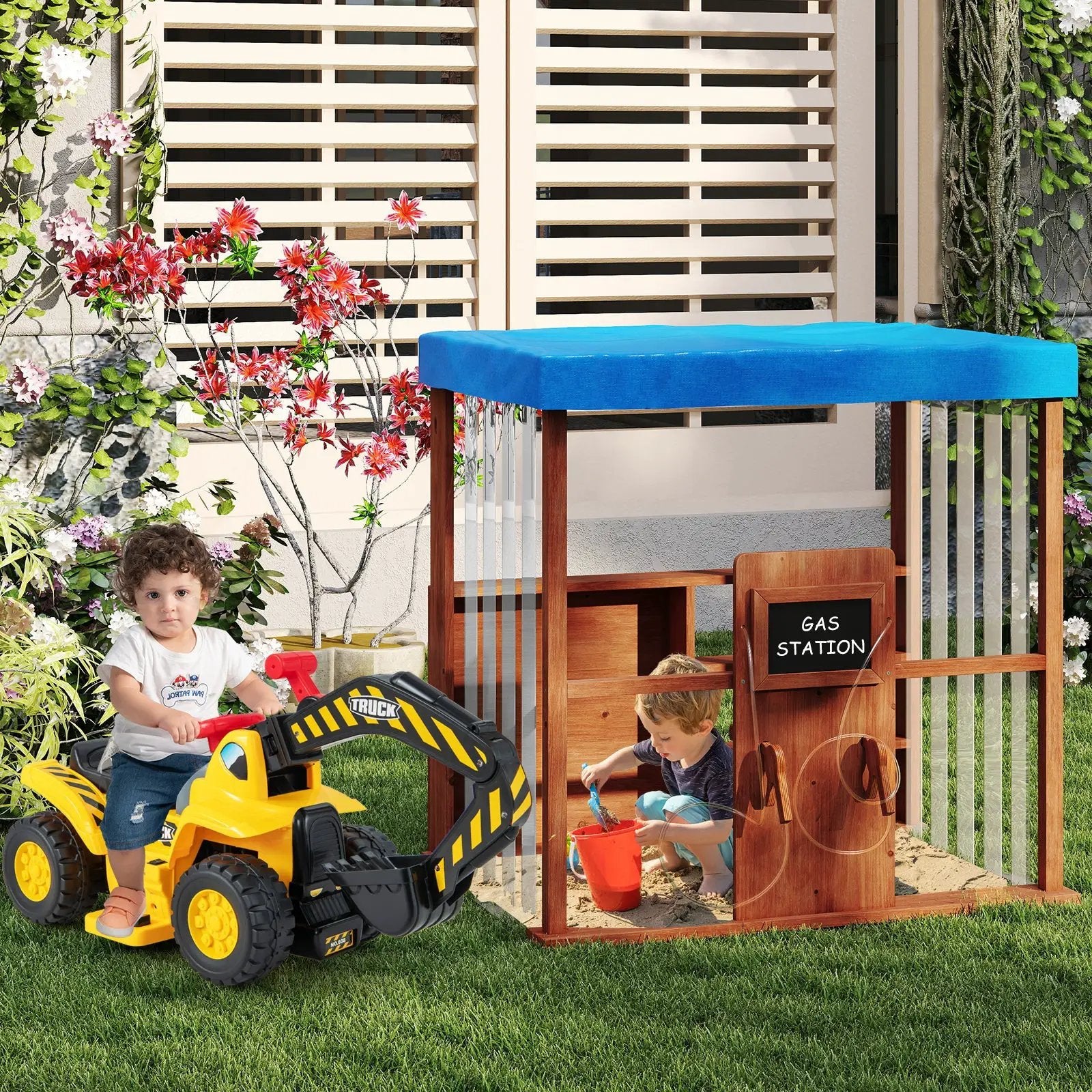 Kids Gas Station Playhouse with Gas Refueling Guns for Aged 3+-Brown by DirectDeals