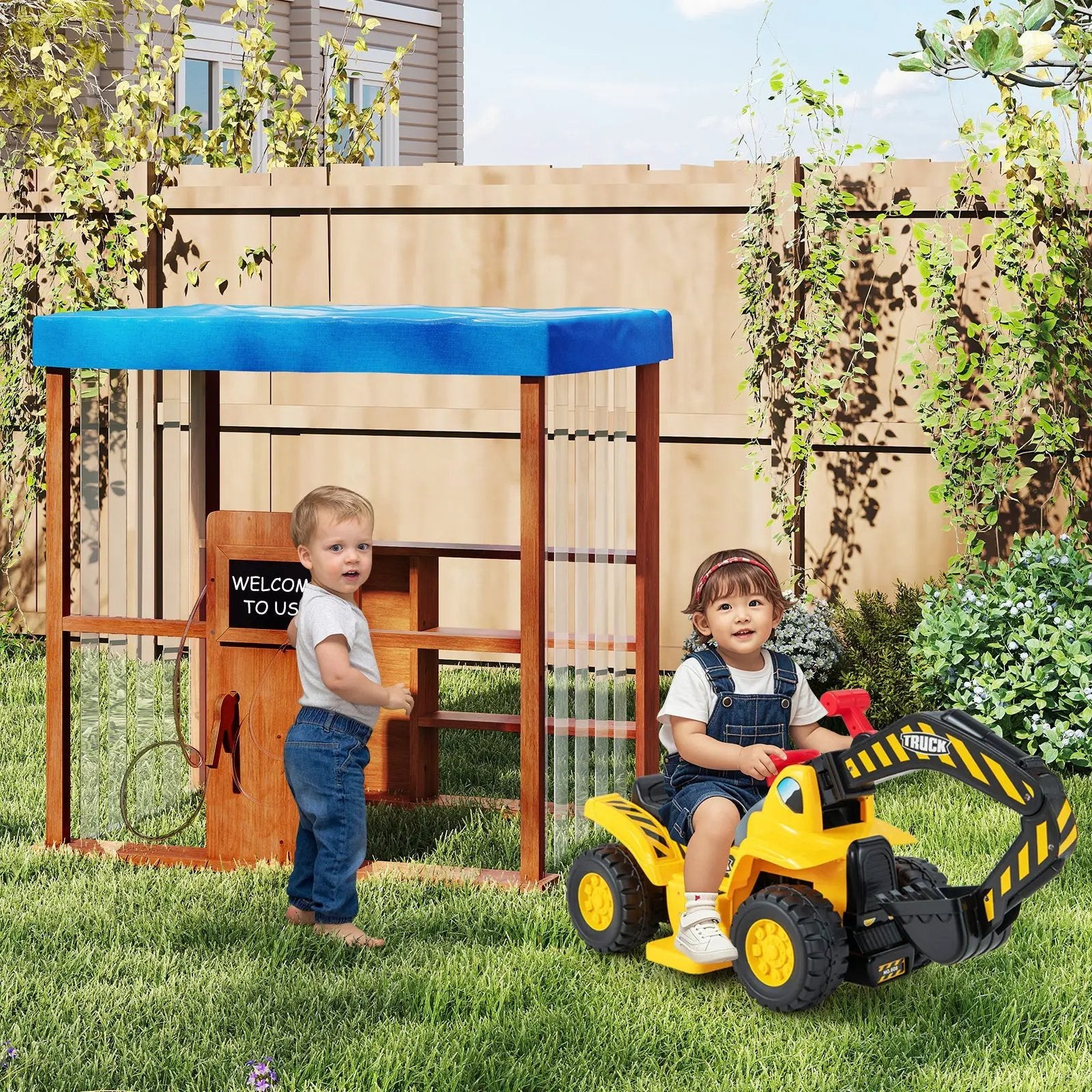 Kids Gas Station Playhouse with Gas Refueling Guns for Aged 3+-Brown by DirectDeals