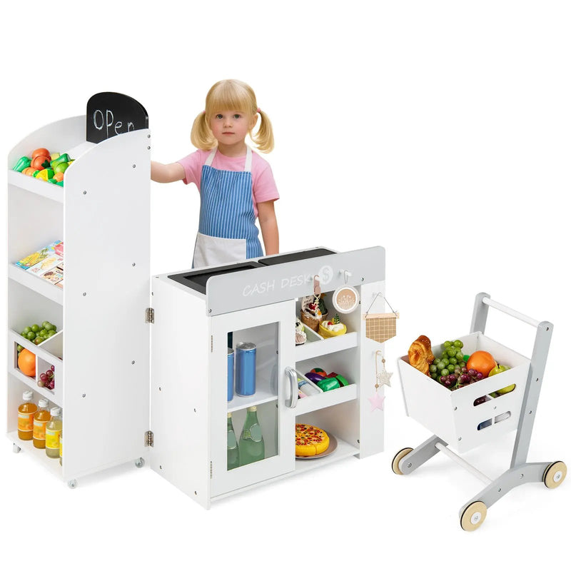 Kids Grocery Store Playset Convertible Wooden Play Store with Shopping Cart-White by DirectDeals