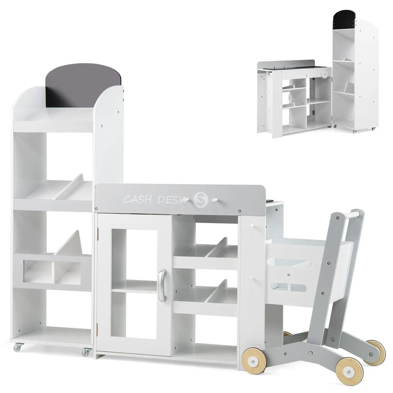 Kids Grocery Store Playset Convertible Wooden Play Store with Shopping Cart-White by DirectDeals