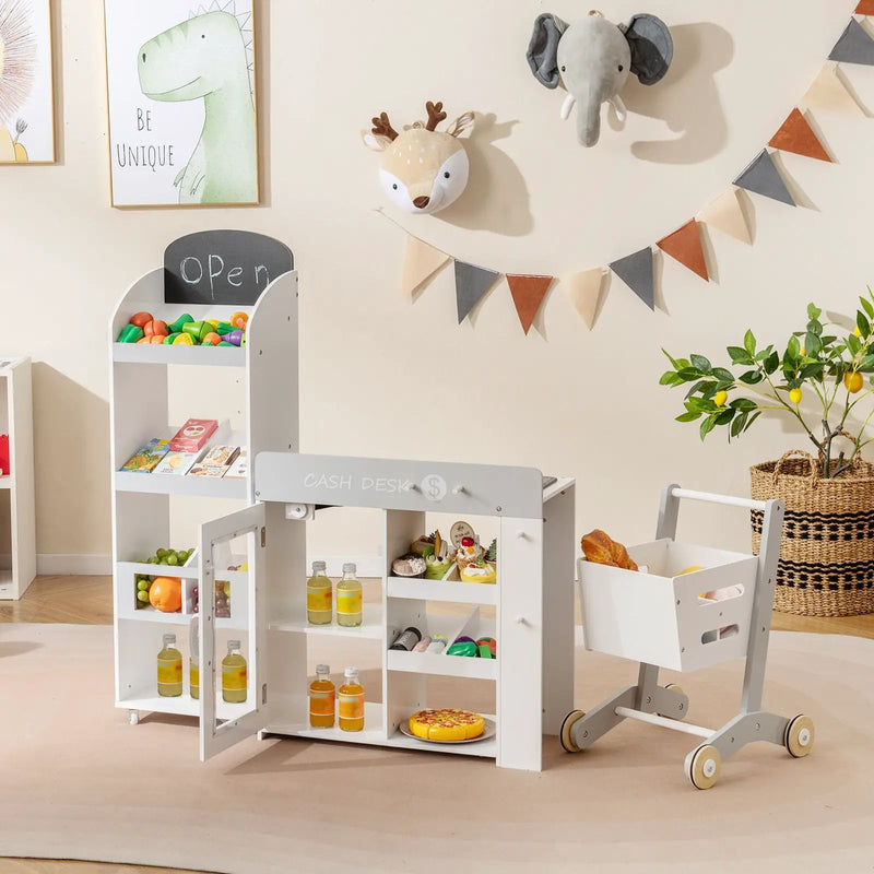 Kids Grocery Store Playset Convertible Wooden Play Store with Shopping Cart-White by DirectDeals