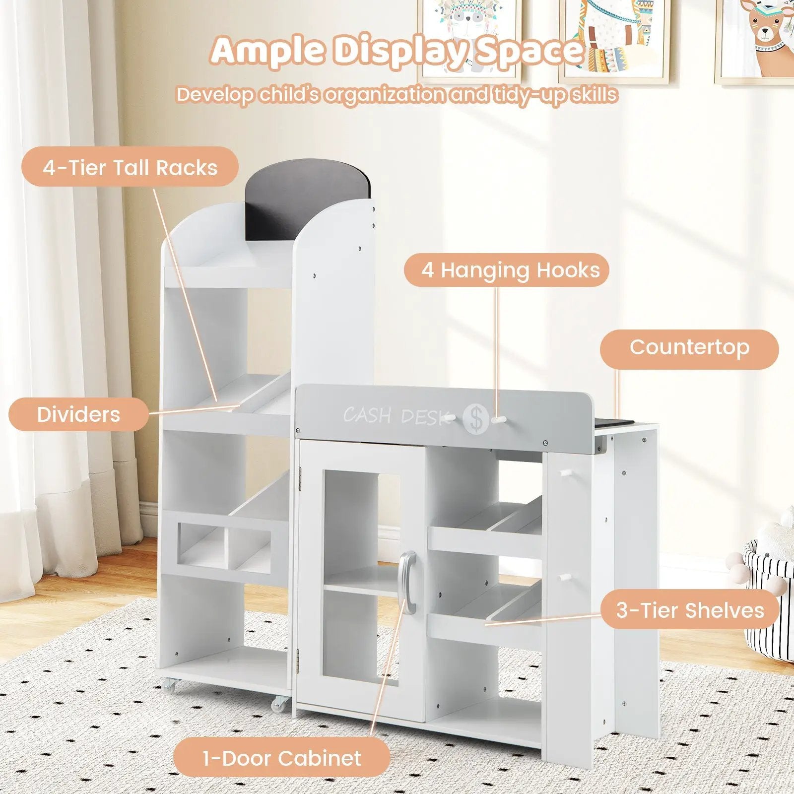 Kids Grocery Store Playset Convertible Wooden Play Store with Shopping Cart-White by DirectDeals