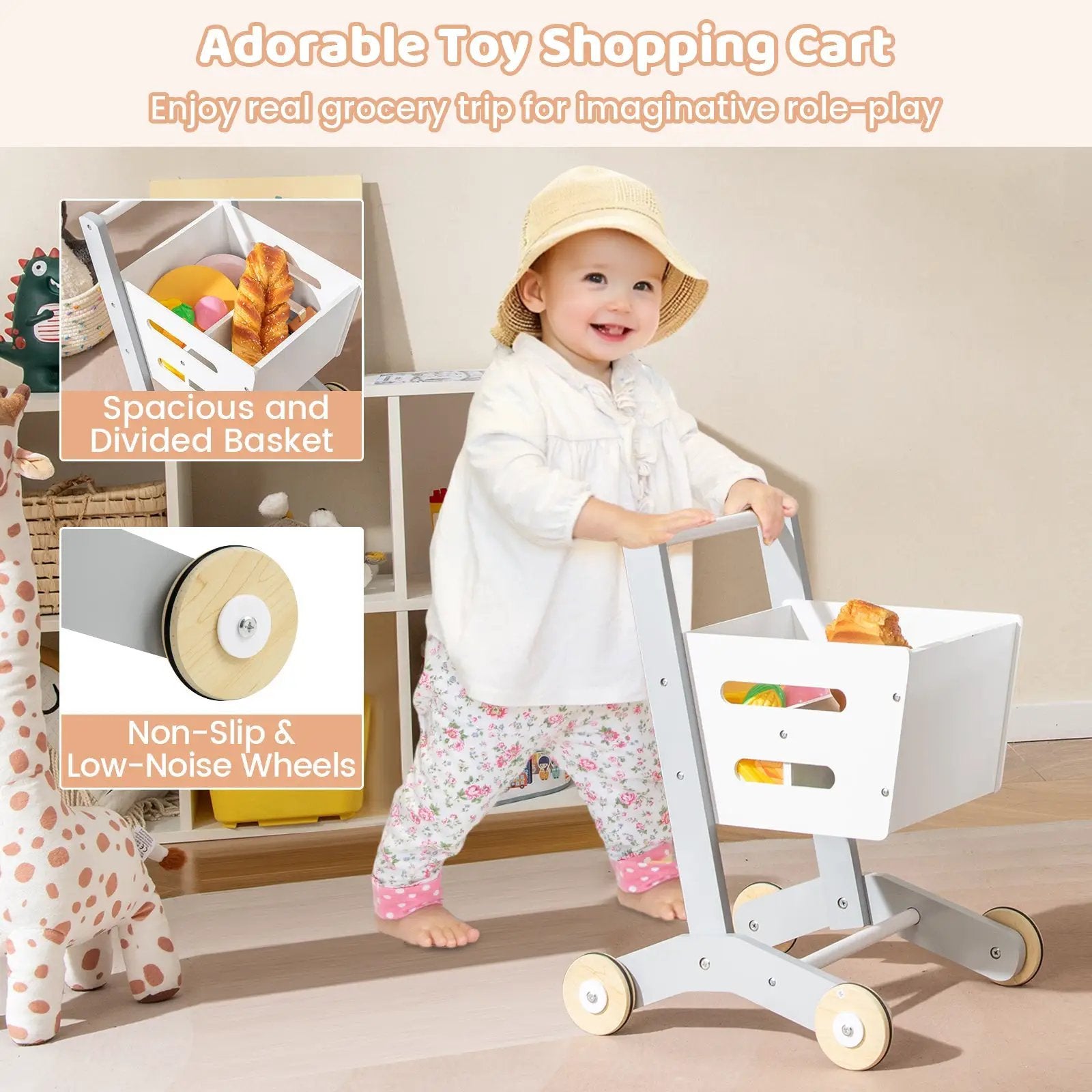 Kids Grocery Store Playset Convertible Wooden Play Store with Shopping Cart-White by DirectDeals
