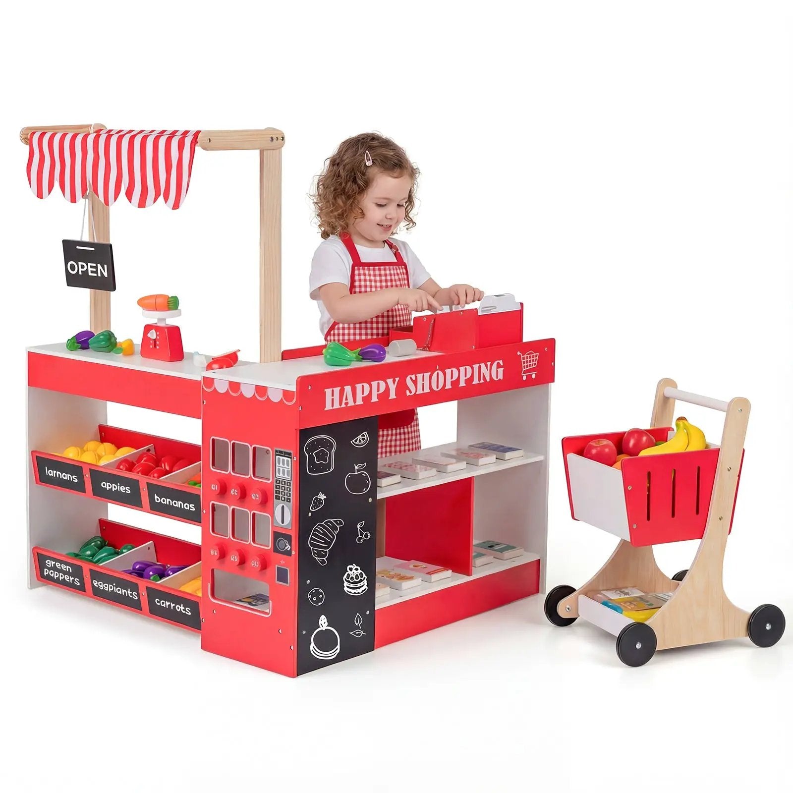 Kids Grocery Store Playset Wooden Pretend Play Supermarket with Shopping Cart by DirectDeals
