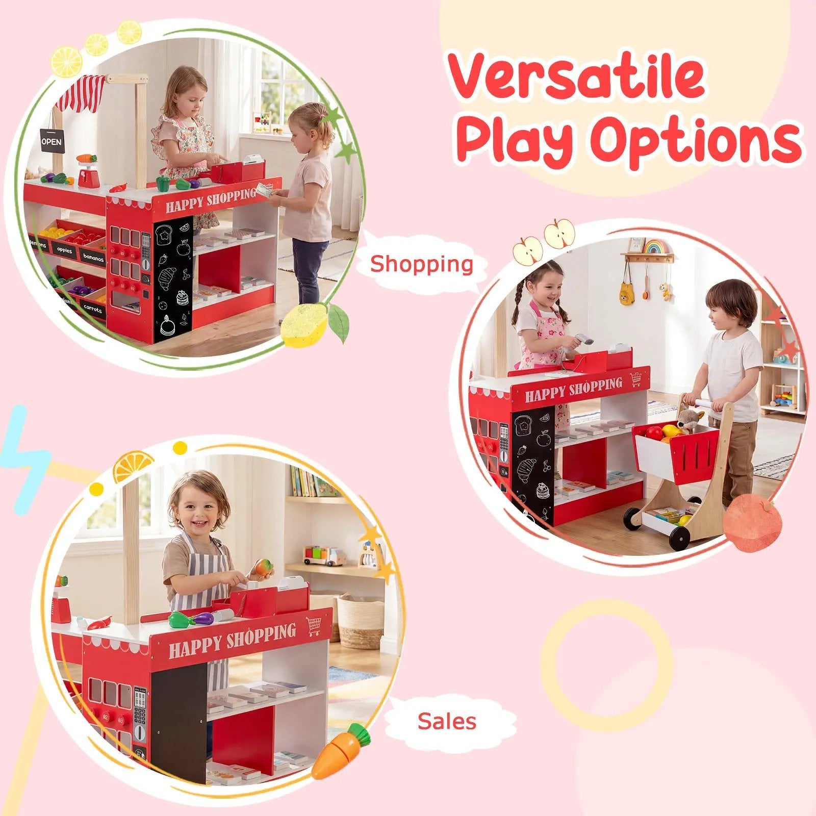 Kids Grocery Store Playset Wooden Pretend Play Supermarket with Shopping Cart by DirectDeals
