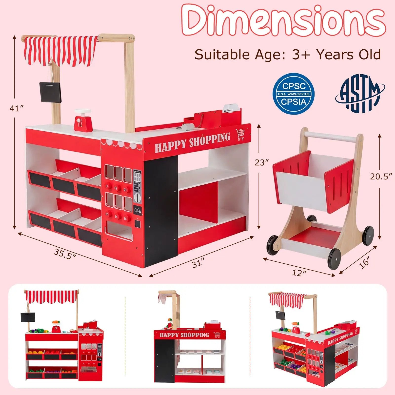 Kids Grocery Store Playset Wooden Pretend Play Supermarket with Shopping Cart by DirectDeals