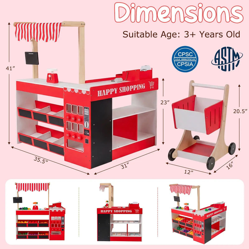 Kids Grocery Store Playset Wooden Pretend Play Supermarket with Shopping Cart by DirectDeals