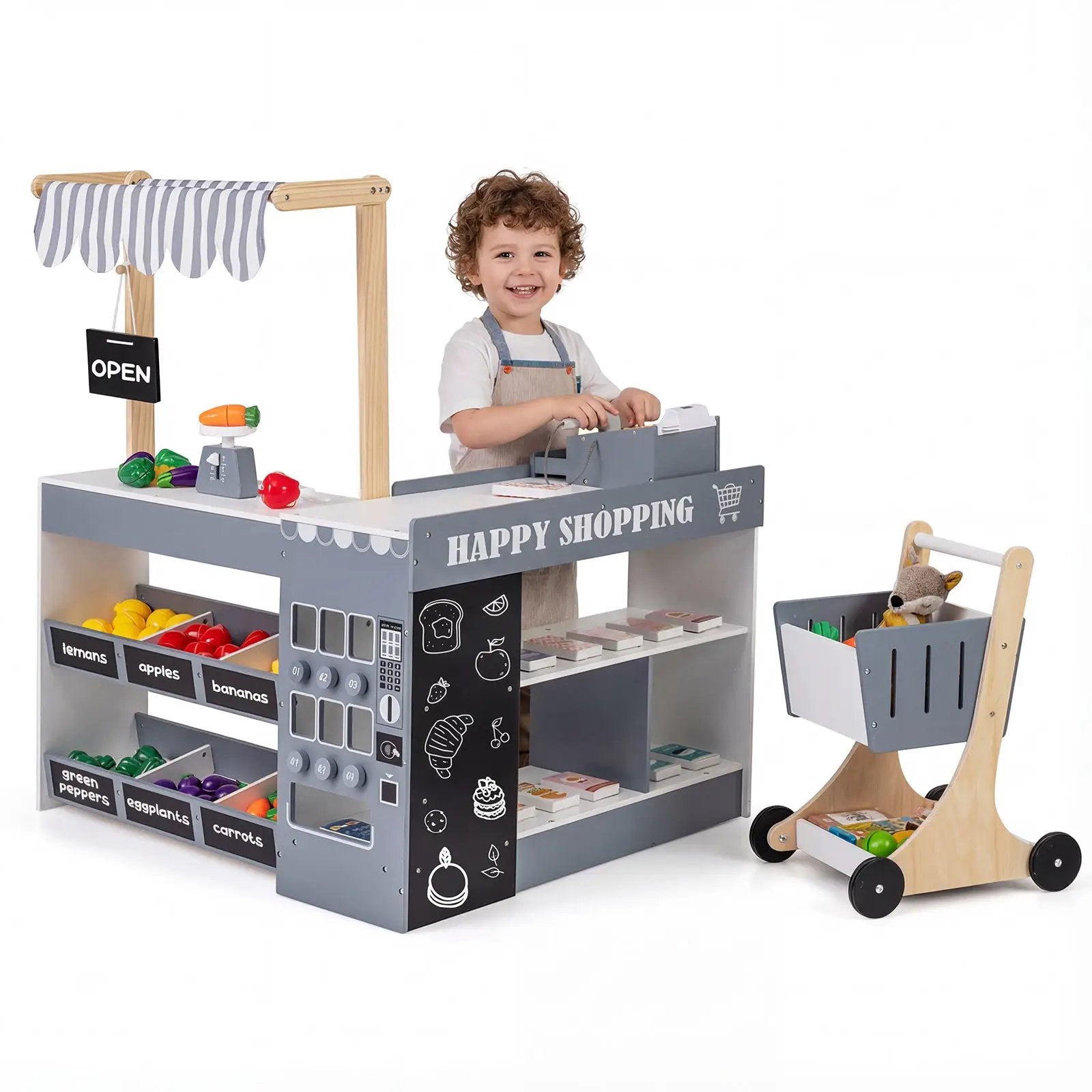 Kids Grocery Store Playset Wooden Pretend Play Supermarket with Shopping Cart by DirectDeals