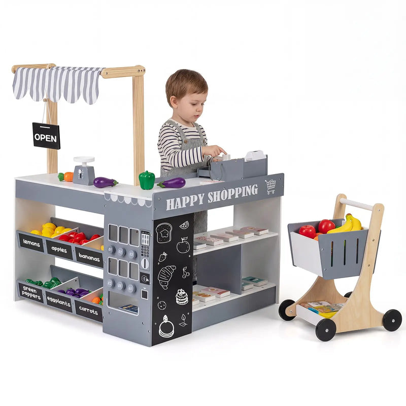 Kids Grocery Store Playset Wooden Pretend Play Supermarket with Shopping Cart by DirectDeals