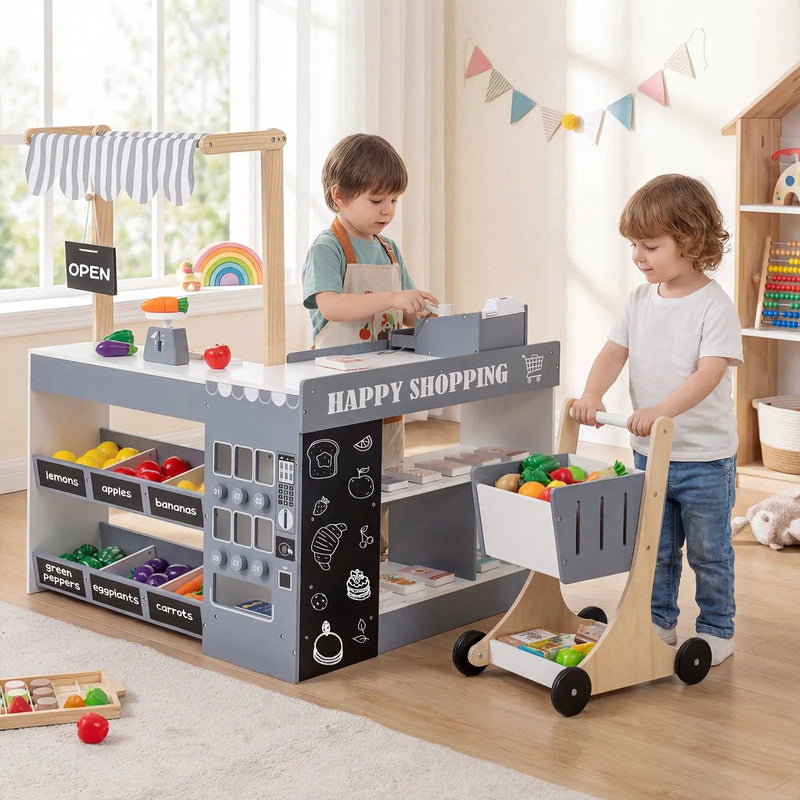 Kids Grocery Store Playset Wooden Pretend Play Supermarket with Shopping Cart by DirectDeals