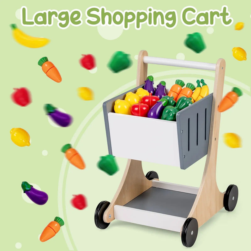 Kids Grocery Store Playset Wooden Pretend Play Supermarket with Shopping Cart by DirectDeals