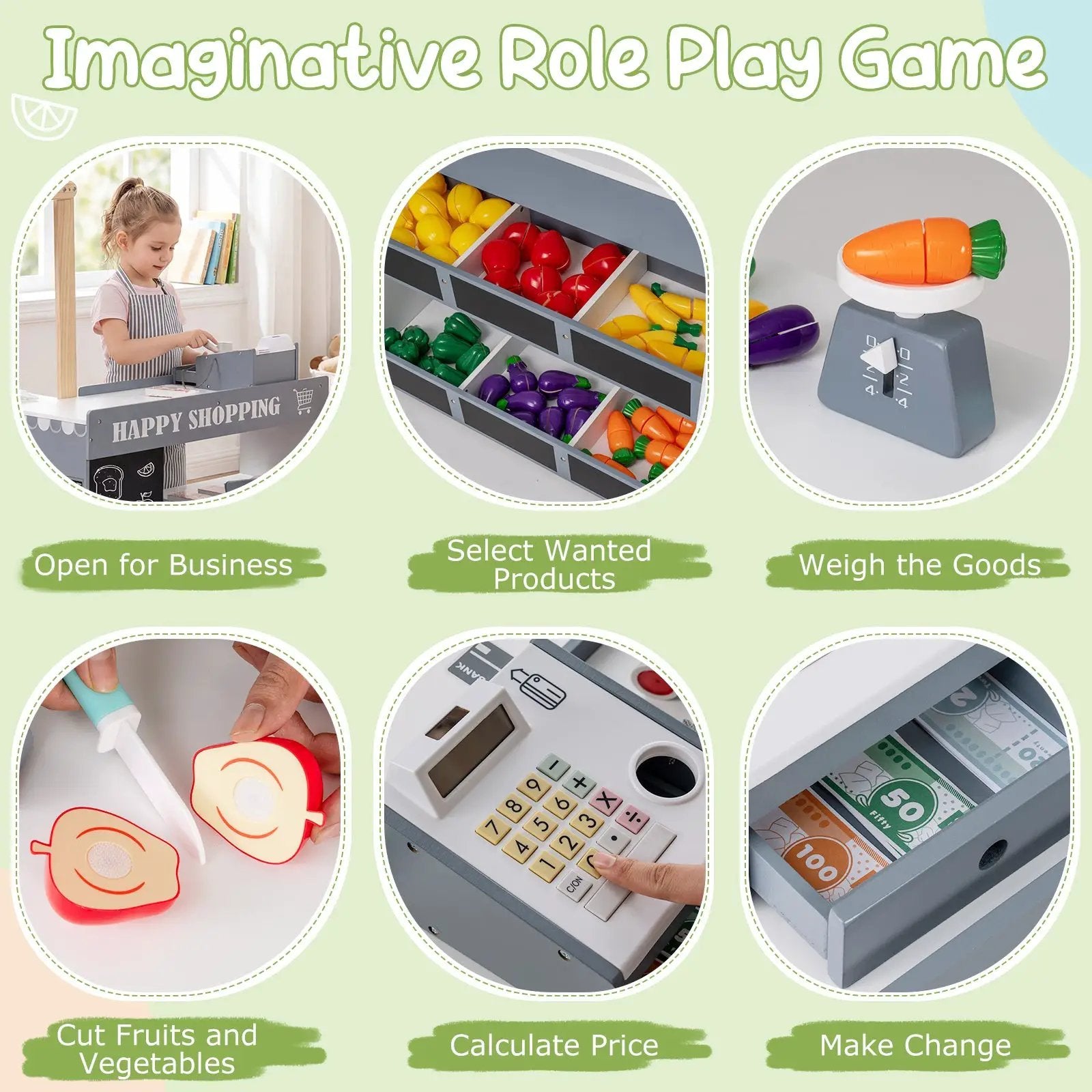 Kids Grocery Store Playset Wooden Pretend Play Supermarket with Shopping Cart by DirectDeals